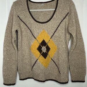 Water Girl by Patagonia Argyle Sweater • L (Fits M) • Gold & Brown • Scoop Neck
